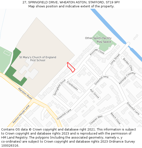 27, SPRINGFIELD DRIVE, WHEATON ASTON, STAFFORD, ST19 9PY: Location map and indicative extent of plot