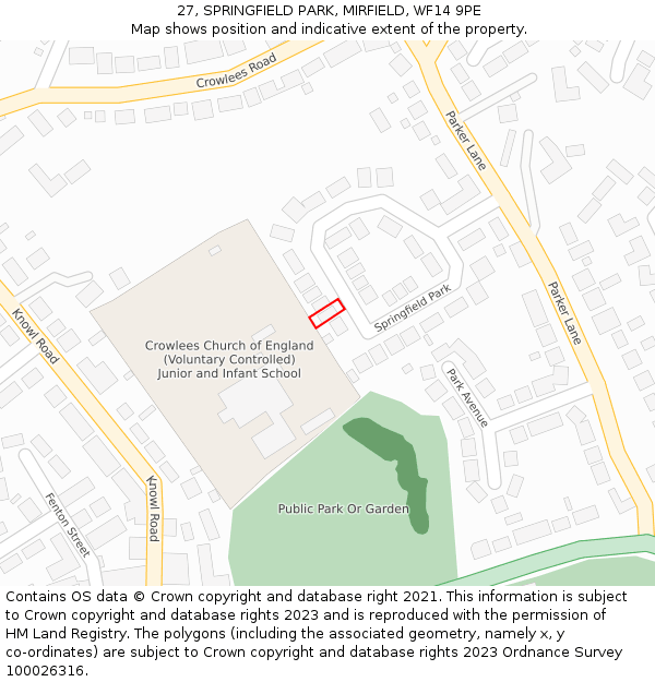 27, SPRINGFIELD PARK, MIRFIELD, WF14 9PE: Location map and indicative extent of plot