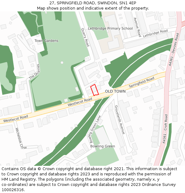 27, SPRINGFIELD ROAD, SWINDON, SN1 4EP: Location map and indicative extent of plot