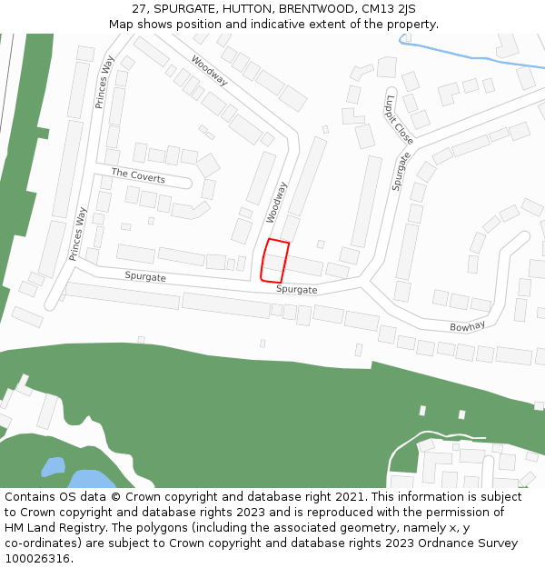 27, SPURGATE, HUTTON, BRENTWOOD, CM13 2JS: Location map and indicative extent of plot