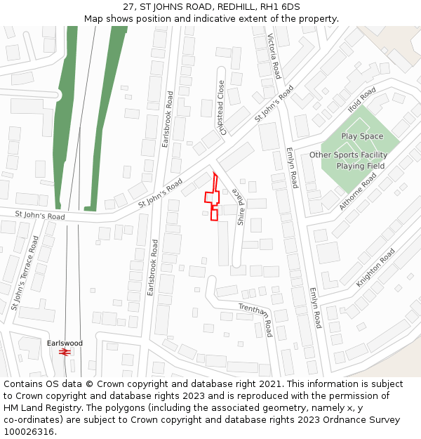27, ST JOHNS ROAD, REDHILL, RH1 6DS: Location map and indicative extent of plot