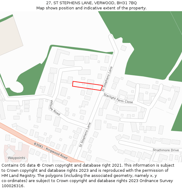 27, ST STEPHENS LANE, VERWOOD, BH31 7BQ: Location map and indicative extent of plot