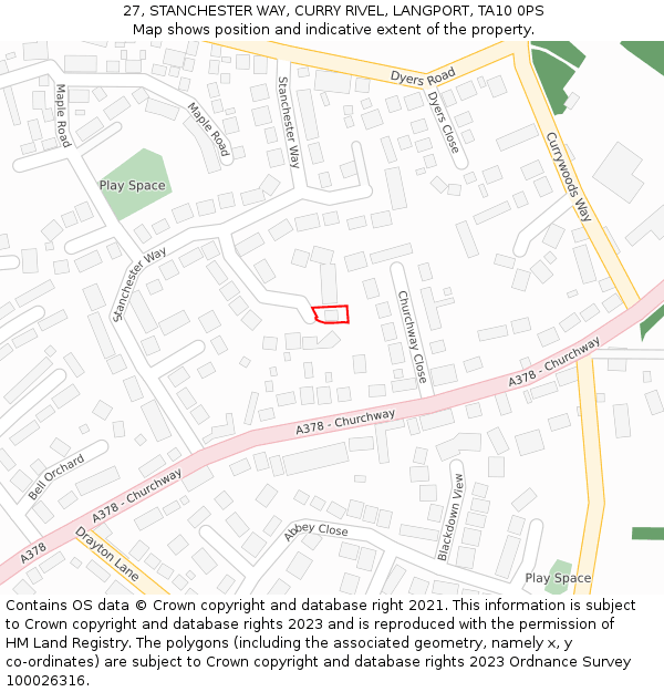 27, STANCHESTER WAY, CURRY RIVEL, LANGPORT, TA10 0PS: Location map and indicative extent of plot