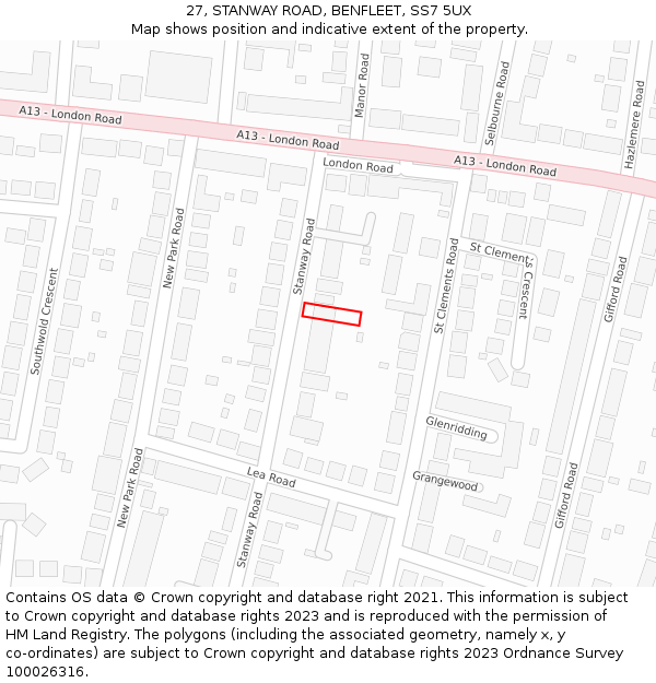 27, STANWAY ROAD, BENFLEET, SS7 5UX: Location map and indicative extent of plot