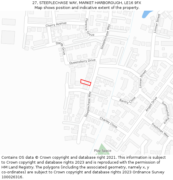 27, STEEPLECHASE WAY, MARKET HARBOROUGH, LE16 9FX: Location map and indicative extent of plot