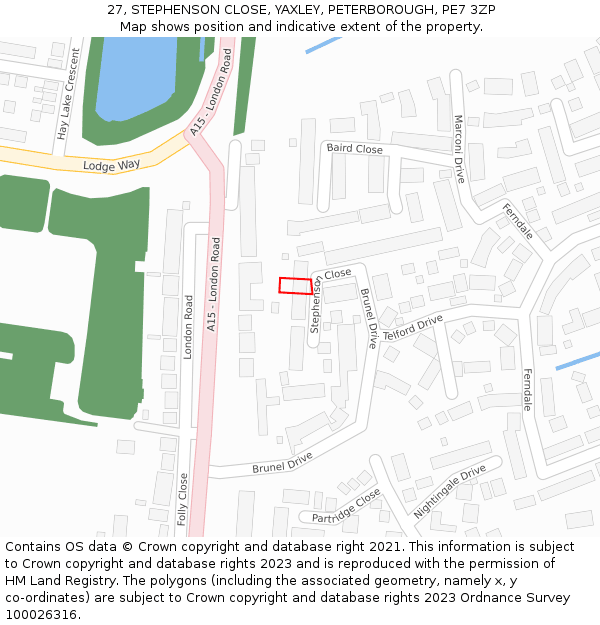 27, STEPHENSON CLOSE, YAXLEY, PETERBOROUGH, PE7 3ZP: Location map and indicative extent of plot