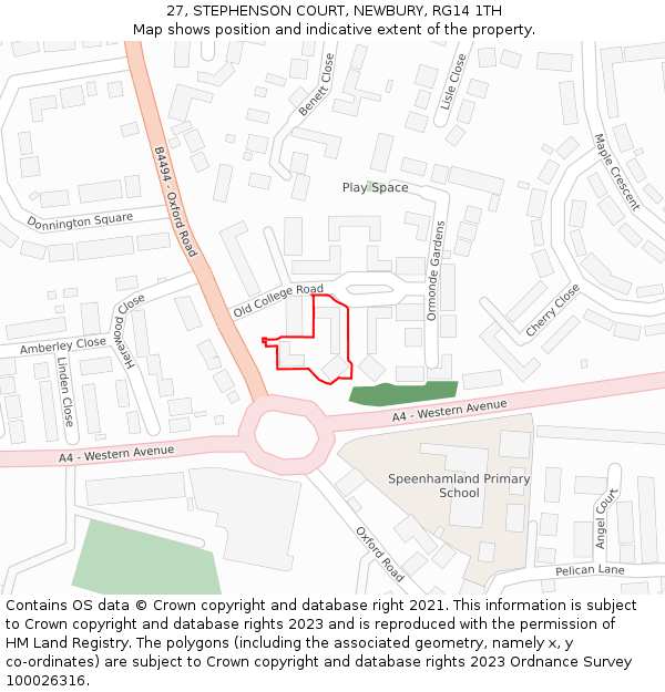 27, STEPHENSON COURT, NEWBURY, RG14 1TH: Location map and indicative extent of plot