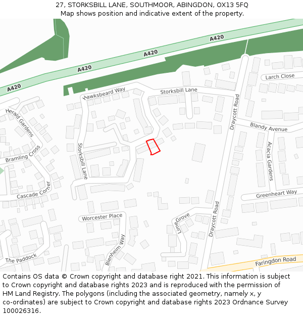 27, STORKSBILL LANE, SOUTHMOOR, ABINGDON, OX13 5FQ: Location map and indicative extent of plot