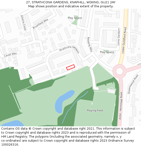 27, STRATHCONA GARDENS, KNAPHILL, WOKING, GU21 2AY: Location map and indicative extent of plot