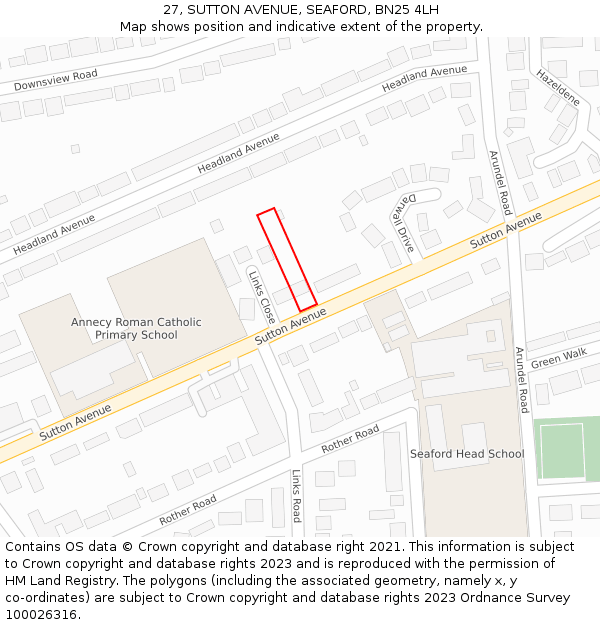 27, SUTTON AVENUE, SEAFORD, BN25 4LH: Location map and indicative extent of plot