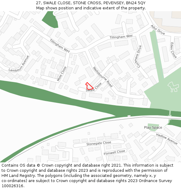 27, SWALE CLOSE, STONE CROSS, PEVENSEY, BN24 5QY: Location map and indicative extent of plot