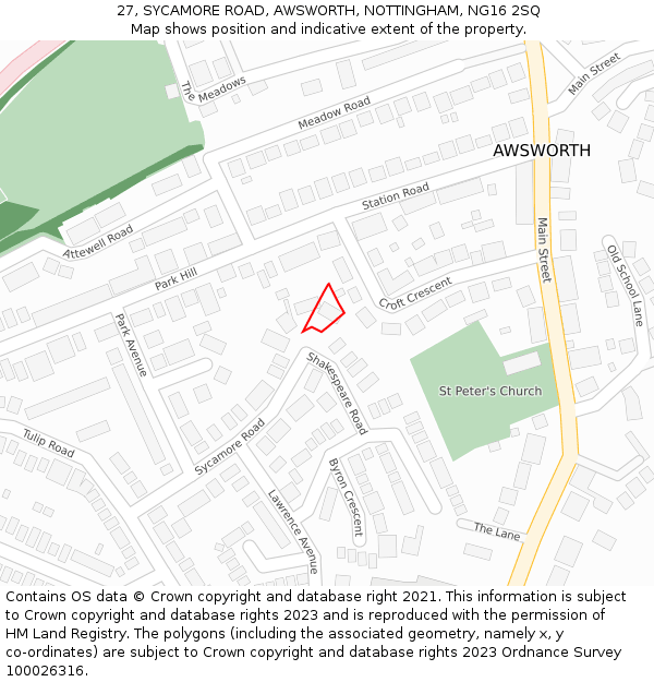 27, SYCAMORE ROAD, AWSWORTH, NOTTINGHAM, NG16 2SQ: Location map and indicative extent of plot