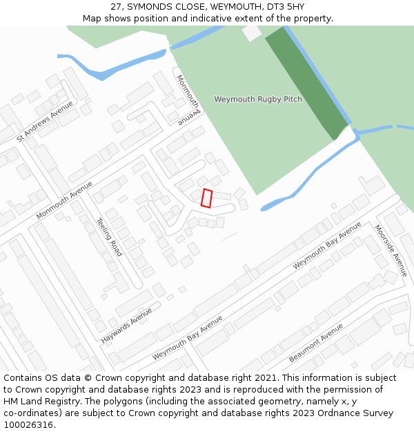27, SYMONDS CLOSE, WEYMOUTH, DT3 5HY: Location map and indicative extent of plot