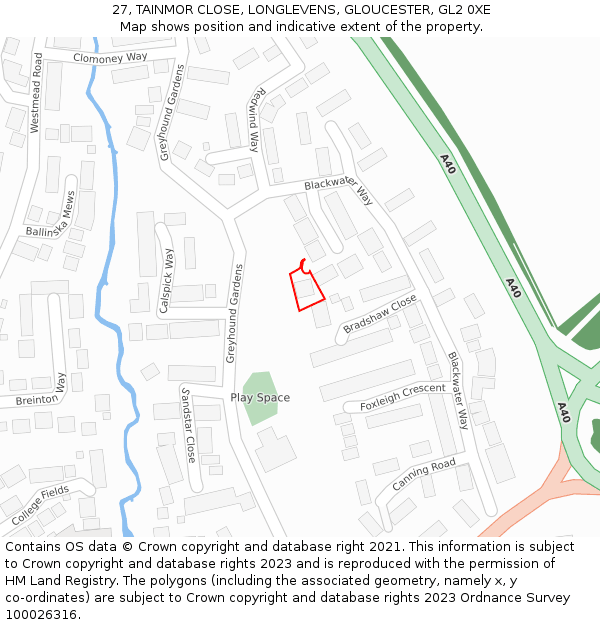 27, TAINMOR CLOSE, LONGLEVENS, GLOUCESTER, GL2 0XE: Location map and indicative extent of plot