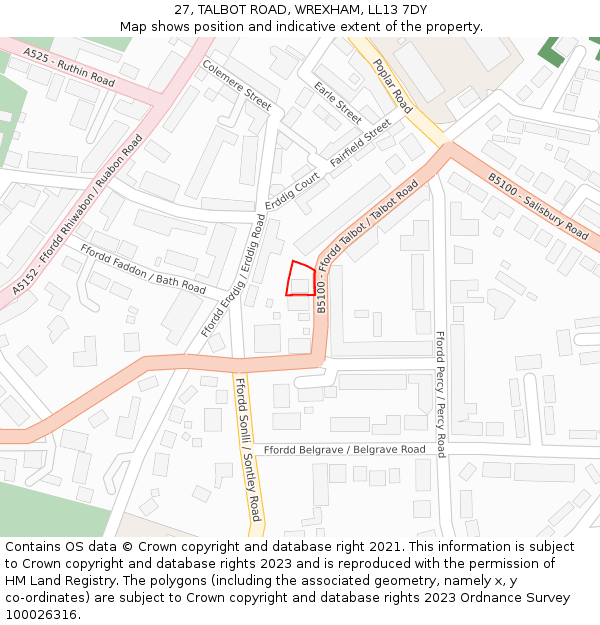 27, TALBOT ROAD, WREXHAM, LL13 7DY: Location map and indicative extent of plot