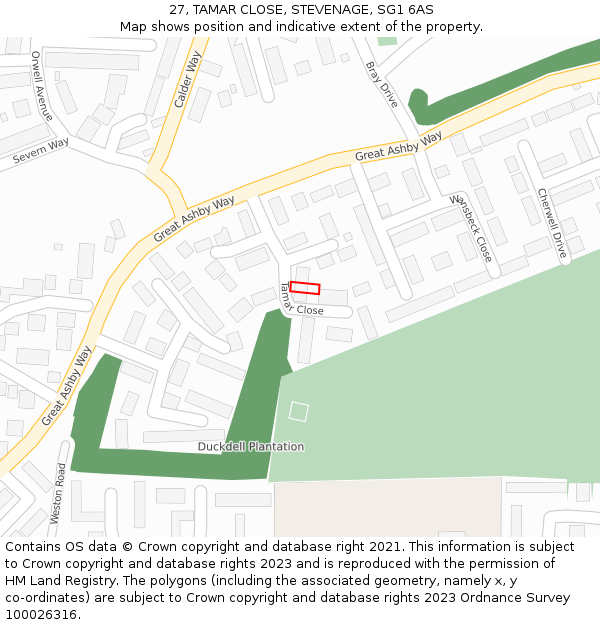 27, TAMAR CLOSE, STEVENAGE, SG1 6AS: Location map and indicative extent of plot