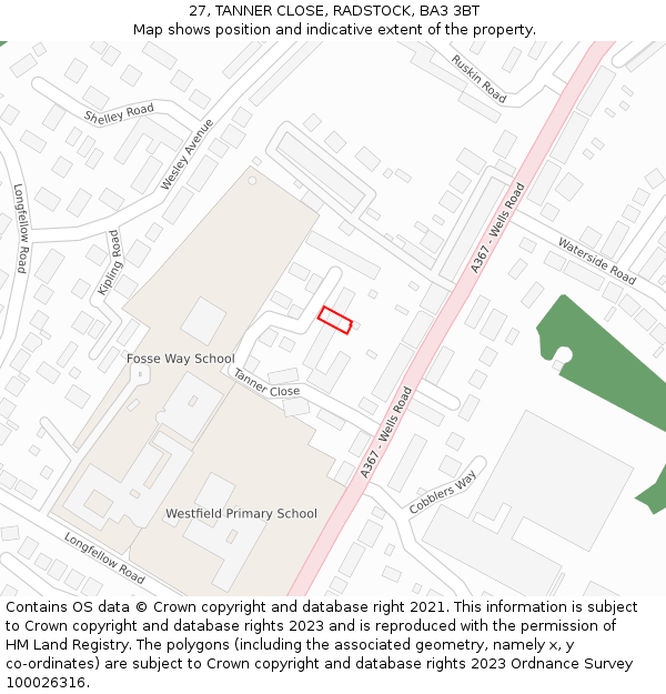 27, TANNER CLOSE, RADSTOCK, BA3 3BT: Location map and indicative extent of plot