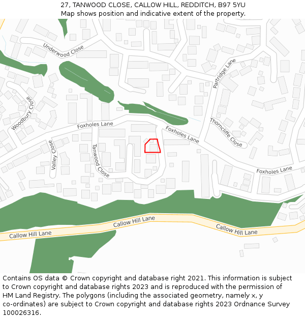 27, TANWOOD CLOSE, CALLOW HILL, REDDITCH, B97 5YU: Location map and indicative extent of plot