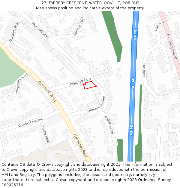 27, TARBERY CRESCENT, WATERLOOVILLE, PO8 9NP: Location map and indicative extent of plot