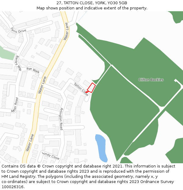 27, TATTON CLOSE, YORK, YO30 5GB: Location map and indicative extent of plot