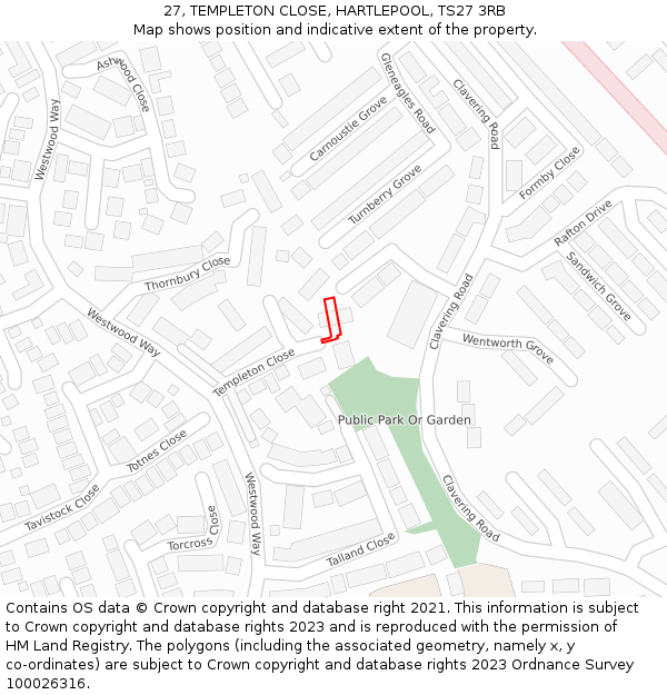 27, TEMPLETON CLOSE, HARTLEPOOL, TS27 3RB: Location map and indicative extent of plot