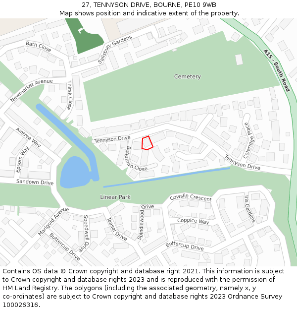 27, TENNYSON DRIVE, BOURNE, PE10 9WB: Location map and indicative extent of plot