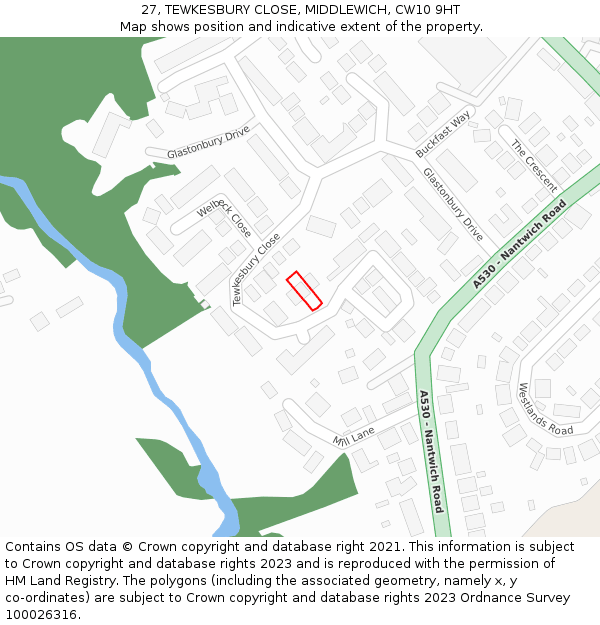 27, TEWKESBURY CLOSE, MIDDLEWICH, CW10 9HT: Location map and indicative extent of plot