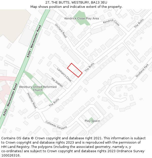 27, THE BUTTS, WESTBURY, BA13 3EU: Location map and indicative extent of plot