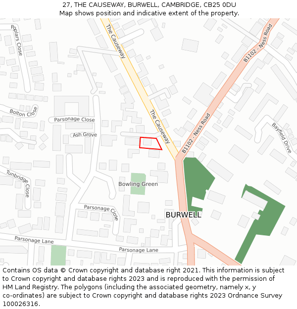 27, THE CAUSEWAY, BURWELL, CAMBRIDGE, CB25 0DU: Location map and indicative extent of plot