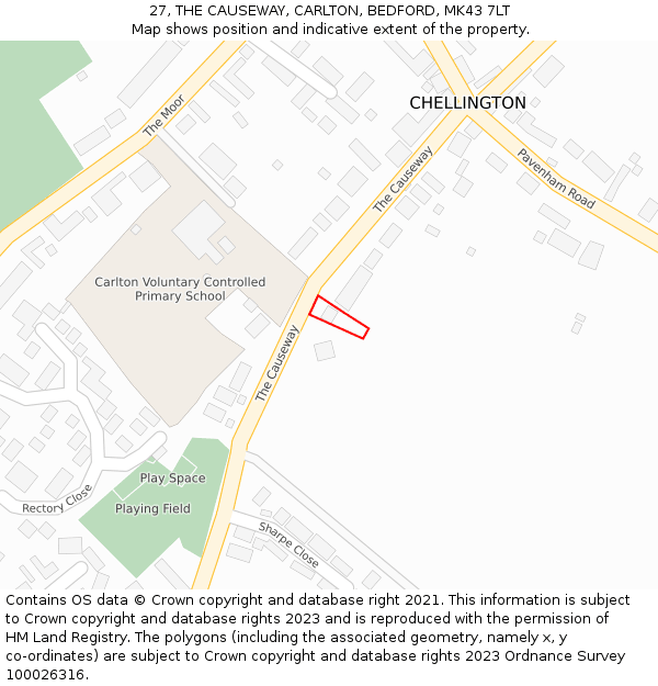 27, THE CAUSEWAY, CARLTON, BEDFORD, MK43 7LT: Location map and indicative extent of plot