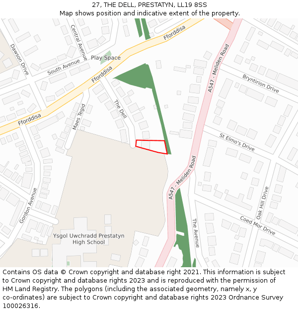 27, THE DELL, PRESTATYN, LL19 8SS: Location map and indicative extent of plot