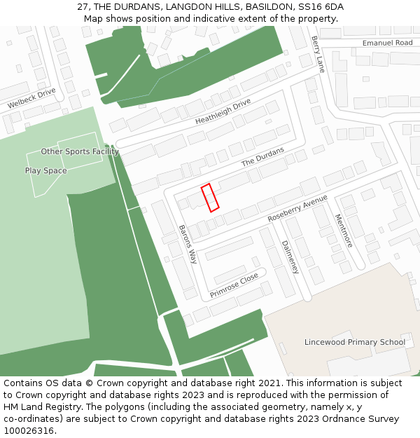 27, THE DURDANS, LANGDON HILLS, BASILDON, SS16 6DA: Location map and indicative extent of plot