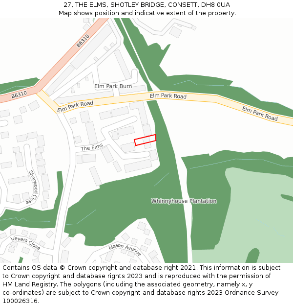 27, THE ELMS, SHOTLEY BRIDGE, CONSETT, DH8 0UA: Location map and indicative extent of plot