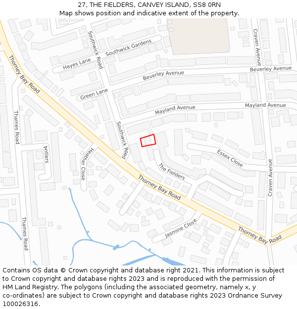 27, THE FIELDERS, CANVEY ISLAND, SS8 0RN: Location map and indicative extent of plot