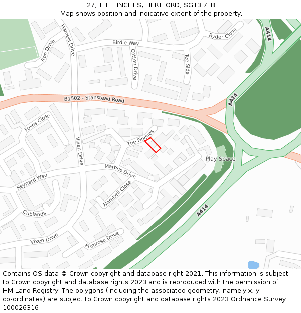 27, THE FINCHES, HERTFORD, SG13 7TB: Location map and indicative extent of plot