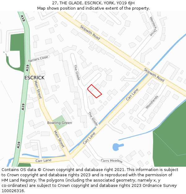 27, THE GLADE, ESCRICK, YORK, YO19 6JH: Location map and indicative extent of plot