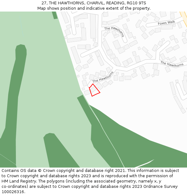 27, THE HAWTHORNS, CHARVIL, READING, RG10 9TS: Location map and indicative extent of plot