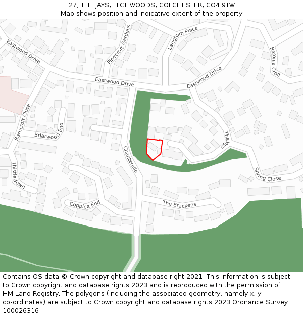 27, THE JAYS, HIGHWOODS, COLCHESTER, CO4 9TW: Location map and indicative extent of plot