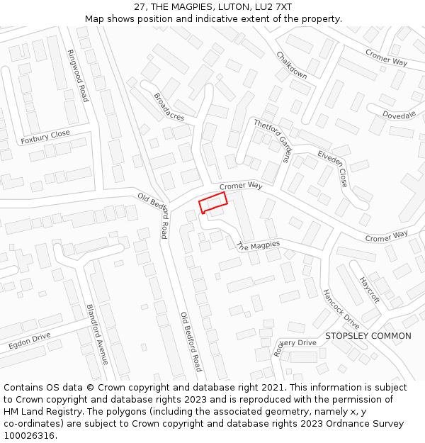 27, THE MAGPIES, LUTON, LU2 7XT: Location map and indicative extent of plot