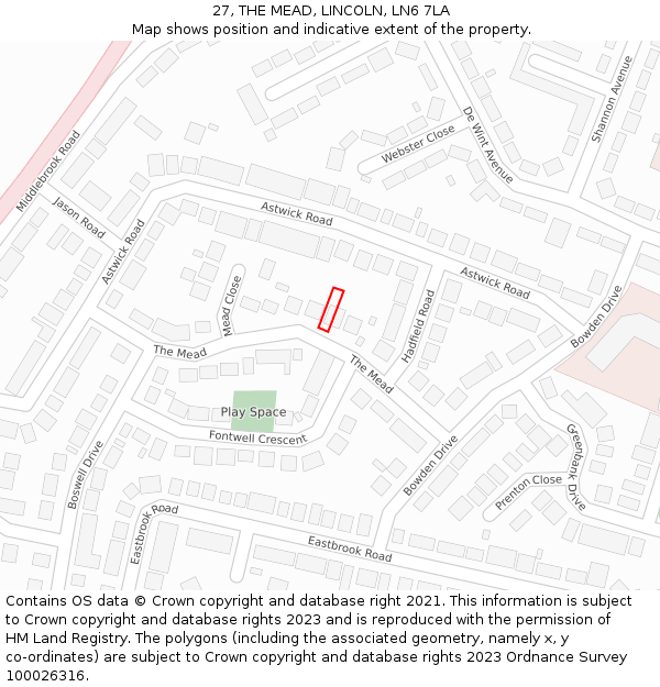 27, THE MEAD, LINCOLN, LN6 7LA: Location map and indicative extent of plot