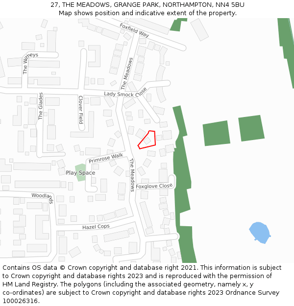 27, THE MEADOWS, GRANGE PARK, NORTHAMPTON, NN4 5BU: Location map and indicative extent of plot