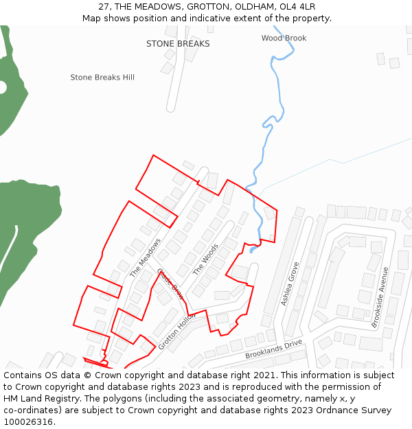 27, THE MEADOWS, GROTTON, OLDHAM, OL4 4LR: Location map and indicative extent of plot