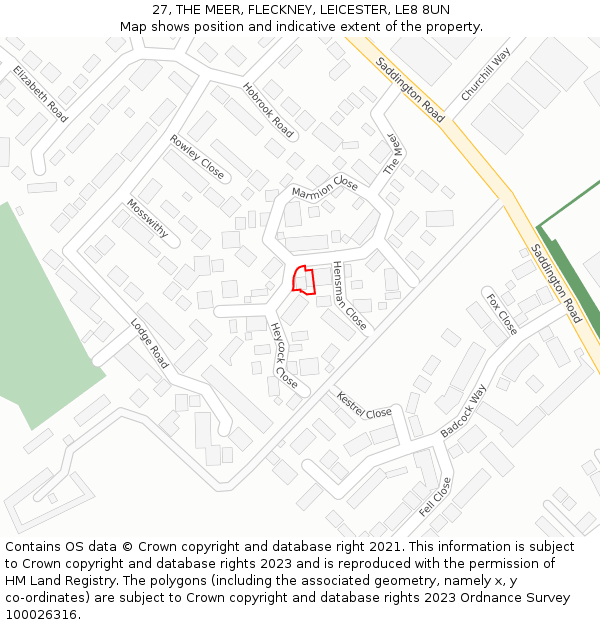 27, THE MEER, FLECKNEY, LEICESTER, LE8 8UN: Location map and indicative extent of plot