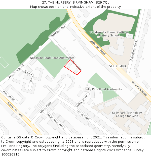 27, THE NURSERY, BIRMINGHAM, B29 7QL: Location map and indicative extent of plot