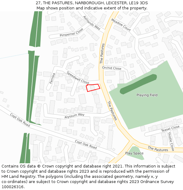 27, THE PASTURES, NARBOROUGH, LEICESTER, LE19 3DS: Location map and indicative extent of plot