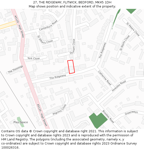 27, THE RIDGEWAY, FLITWICK, BEDFORD, MK45 1DH: Location map and indicative extent of plot