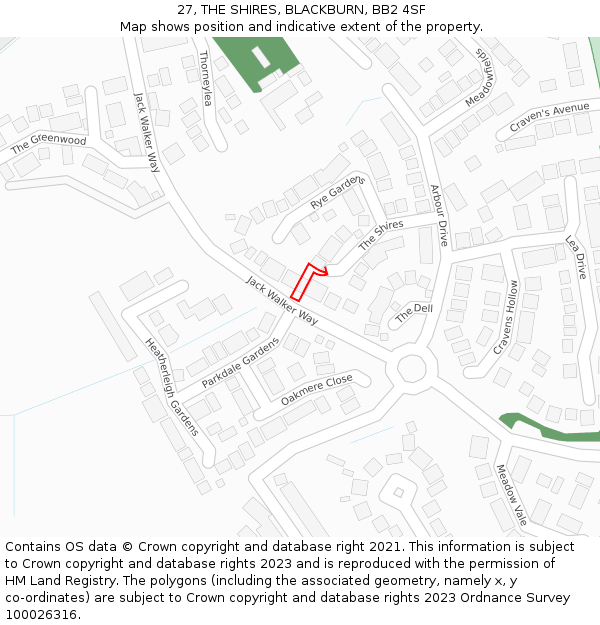 27, THE SHIRES, BLACKBURN, BB2 4SF: Location map and indicative extent of plot