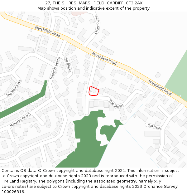27, THE SHIRES, MARSHFIELD, CARDIFF, CF3 2AX: Location map and indicative extent of plot