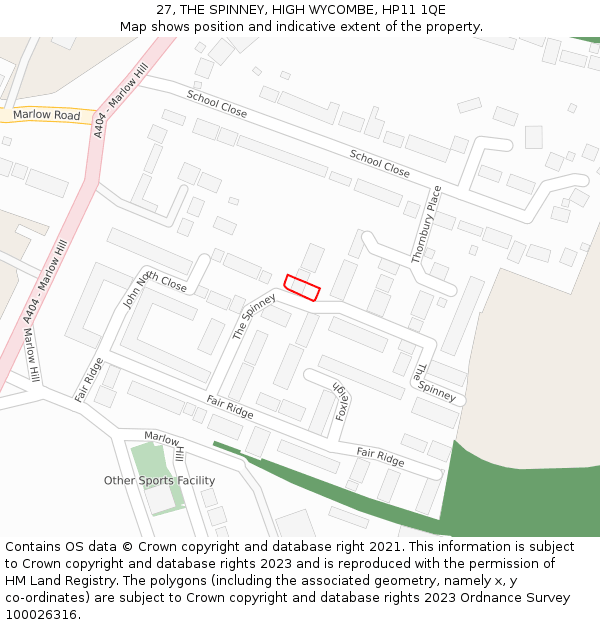 27, THE SPINNEY, HIGH WYCOMBE, HP11 1QE: Location map and indicative extent of plot