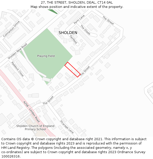 27, THE STREET, SHOLDEN, DEAL, CT14 0AL: Location map and indicative extent of plot